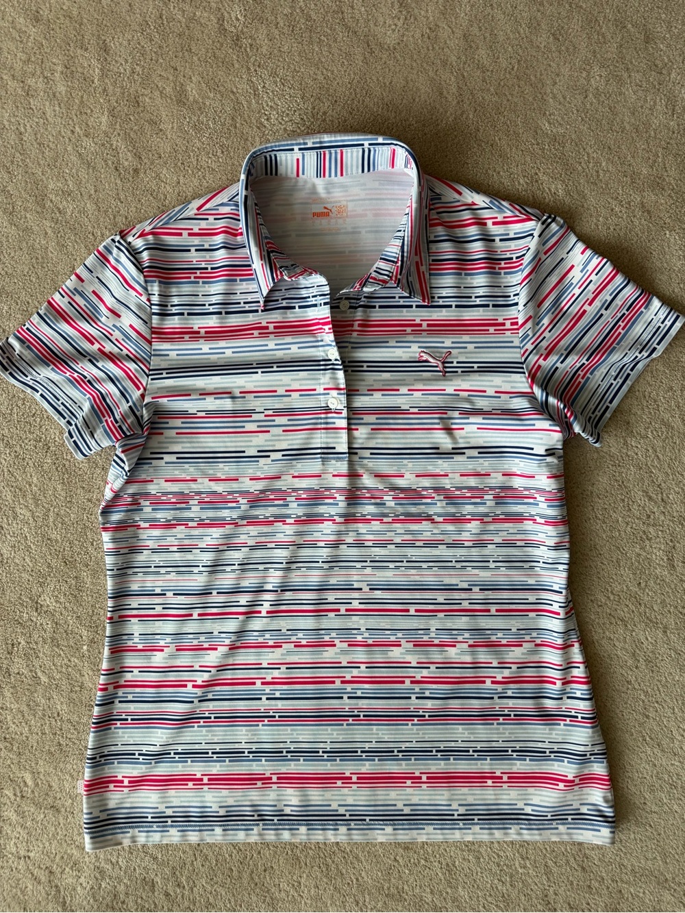 Puma Short Sleeve Striped Polo - White, Pink & Navy